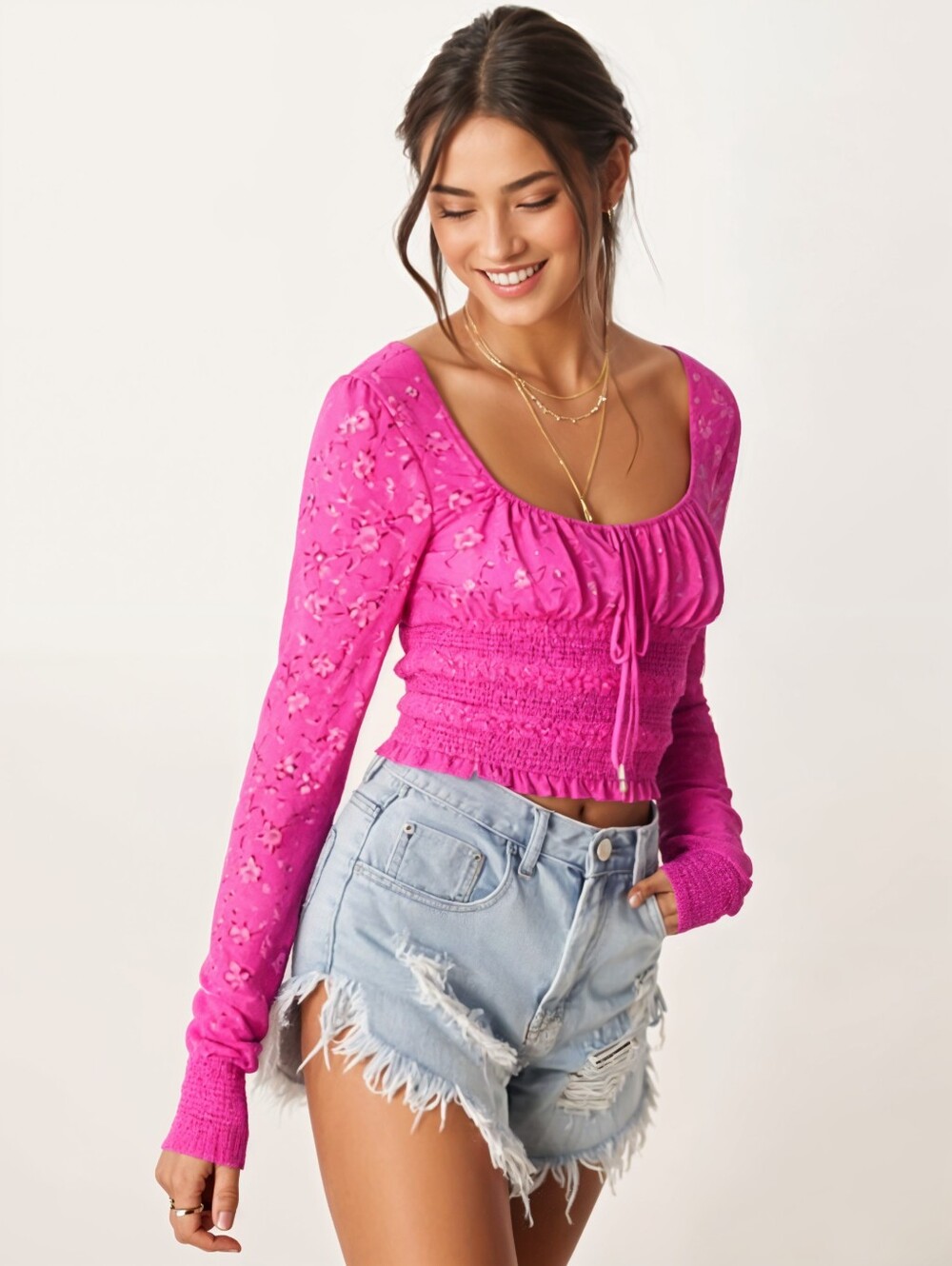Free People Lolita Smocked Pink Floral Blouse